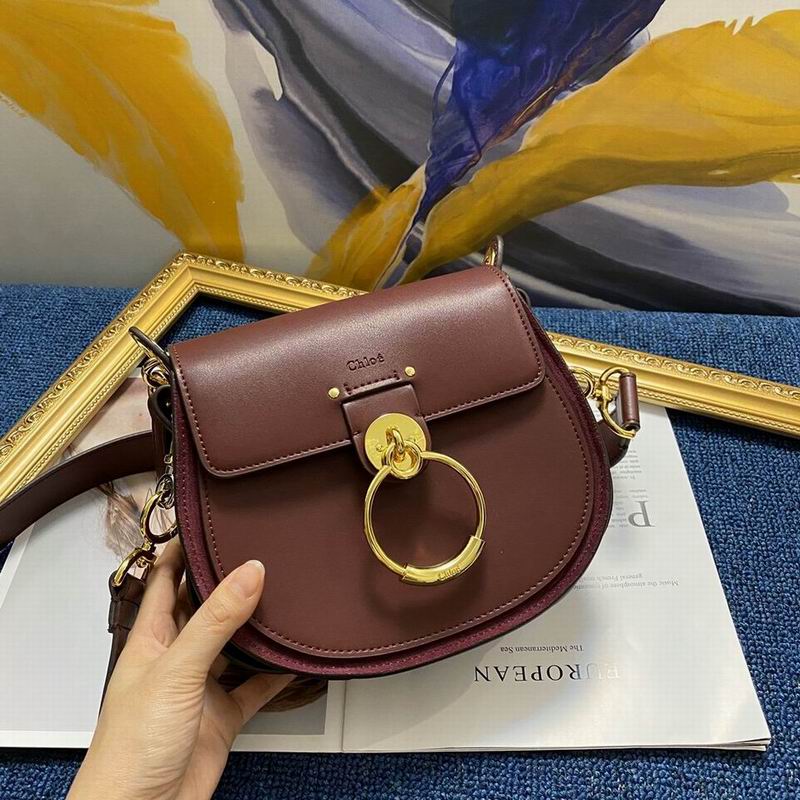 Chloé Tess Small Saddle Crossbody Bag in Burgundy Leather with Gold Ring
