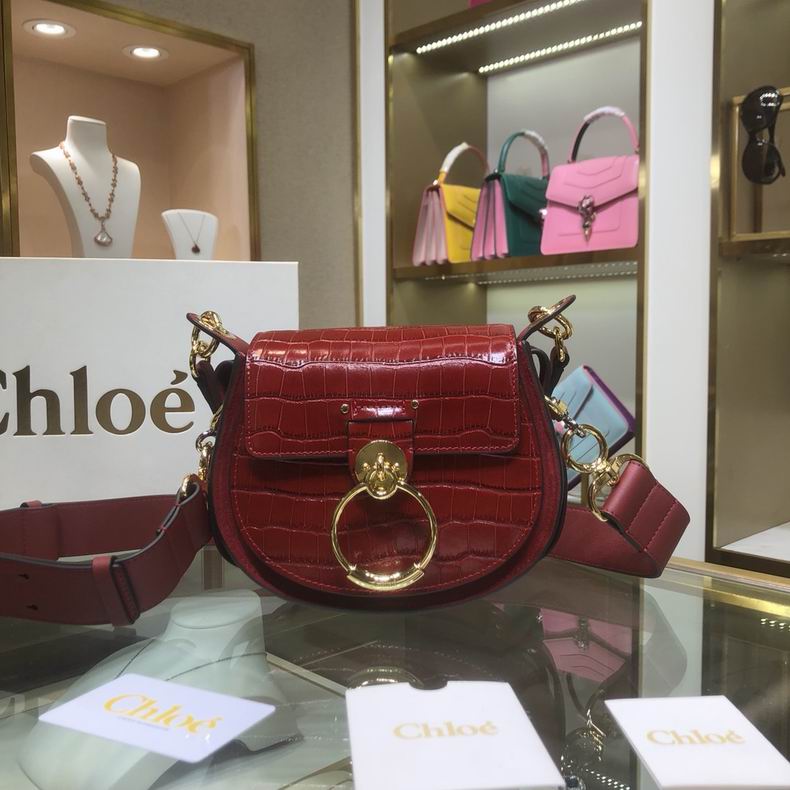 Chloé Tess Small Shoulder Bag in Burgundy Croc-Embossed Leather
