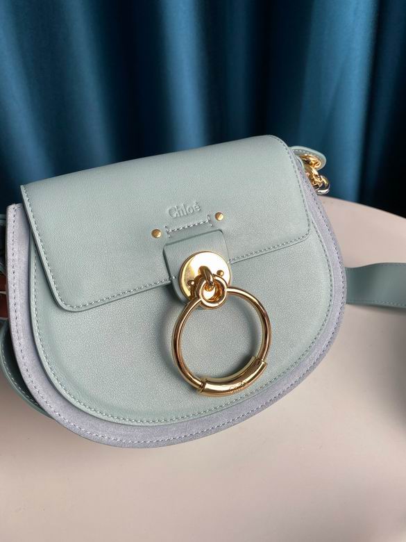 Chloé Tess Small Shoulder Bag in Light Blue Leather and Suede with Gold Ring