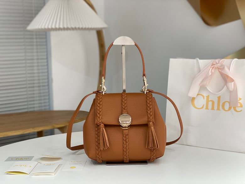 Chloé Penelope Large Top-Handle Bag with Braided Tassels in Tan Grained Leather
