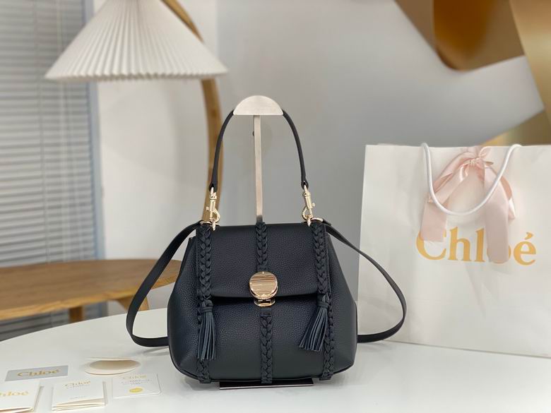 Chloé Penelope Large Top-Handle Bag in Black Grained Leather with Braided Trim