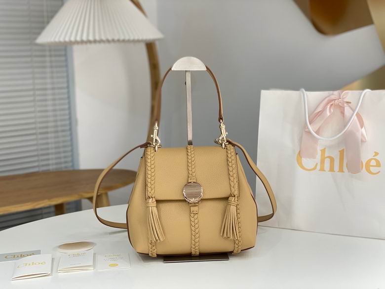 Chloé Penelope Large Top-Handle Bag with Braided Trim in Beige Grained Leather