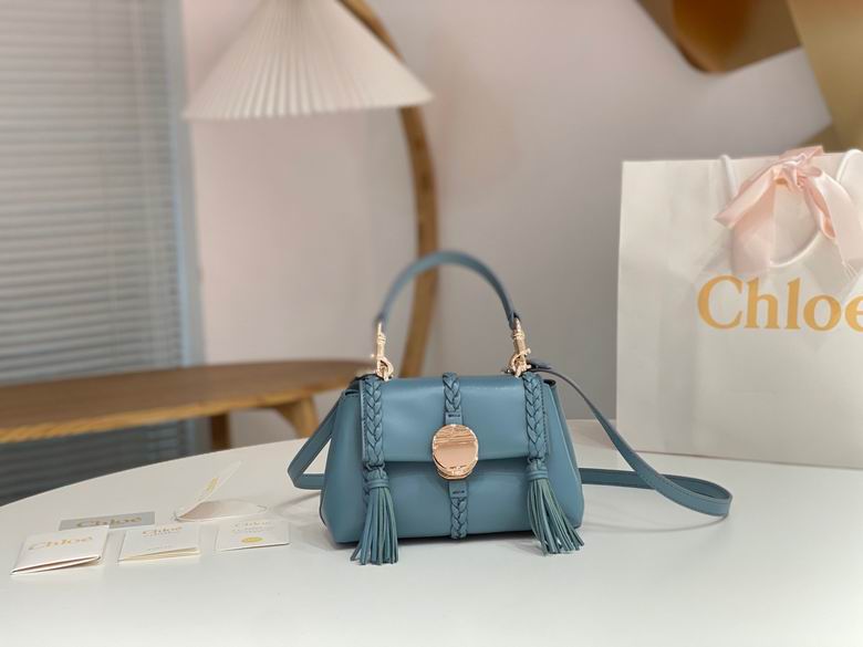 Chloé Penelope Top-Handle Crossbody Bag in Blue Leather with Braided Tassels