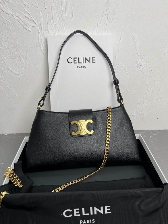 Celine Triomphe Shoulder Bag with Chain Strap in Black Grained Leather