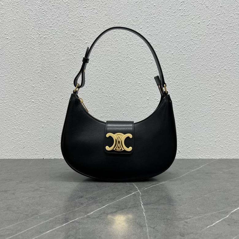 Celine Ava Triomphe Shoulder Bag in Black Smooth Leather with Gold Hardware