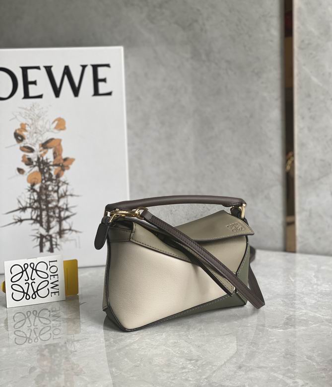 Loewe Puzzle Mini Top-Handle Crossbody Bag in Beige and Olive Colorblock Leather