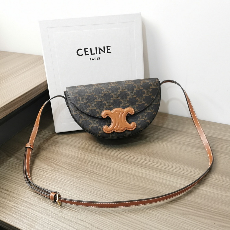 Celine Triomphe Half-Moon Crossbody Bag in Triomphe Canvas and Tan Calfskin