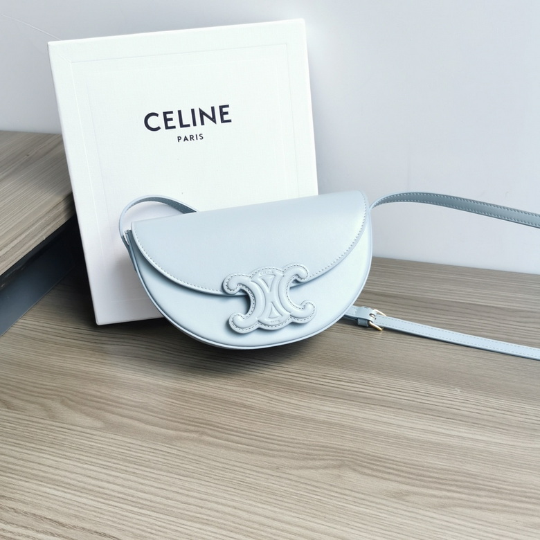 Celine Triomphe Half-Moon Crossbody Bag in Light Blue Smooth Leather