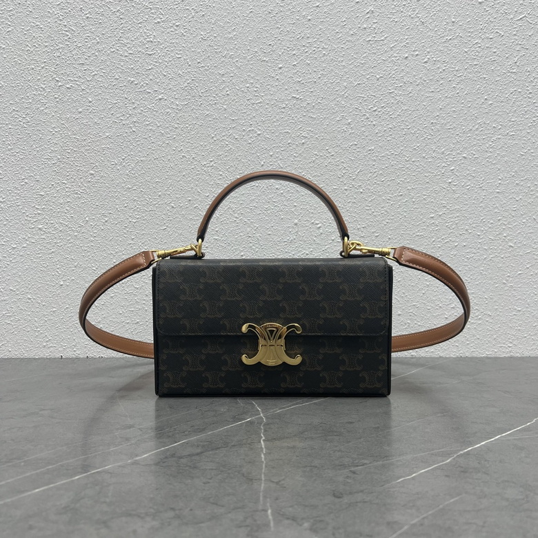 Celine Triomphe Canvas Top-Handle Shoulder Bag in Brown with Tan Leather Trim