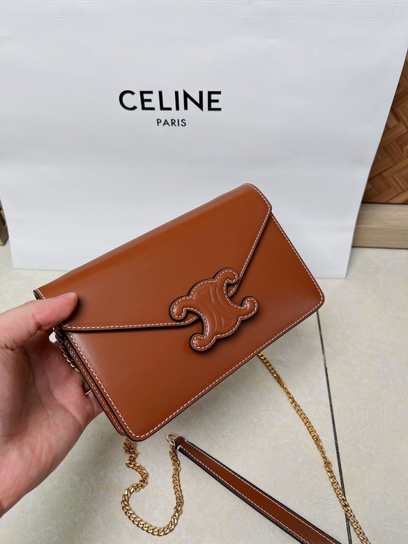 Celine Triomphe Wallet on Chain Crossbody Bag in Tan Smooth Leather