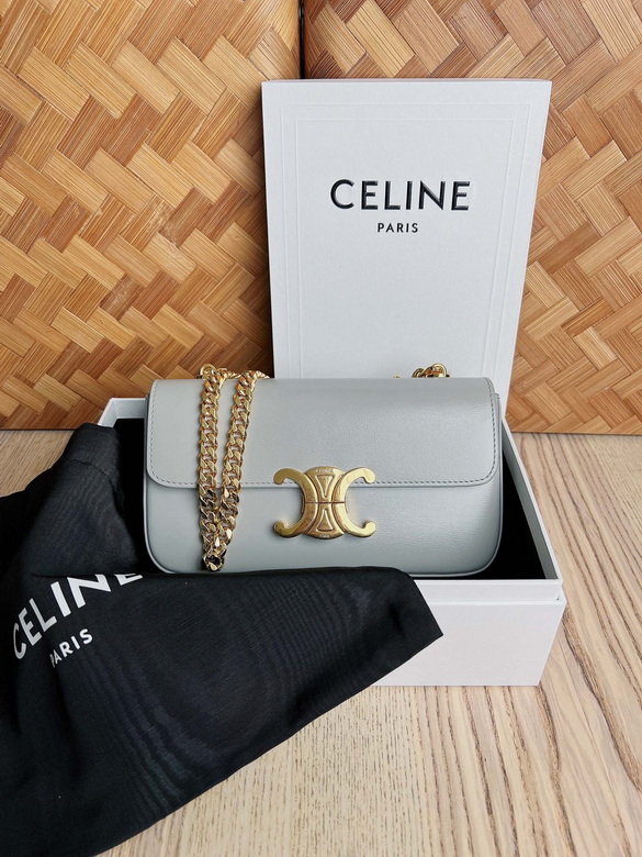 Celine Triomphe Chain Shoulder Bag in Light Grey Smooth Leather