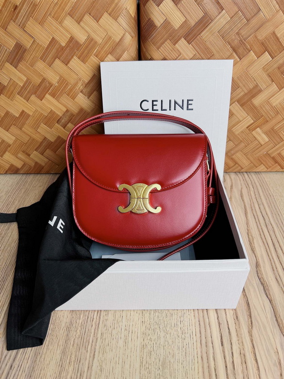 Celine Triomphe Besace Shoulder Bag in Red Smooth Leather with Gold Clasp