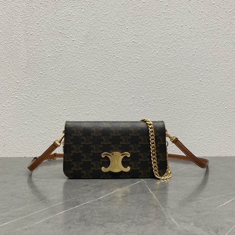 Celine Triomphe Clutch on Chain in Brown Triomphe Canvas with Tan Leather