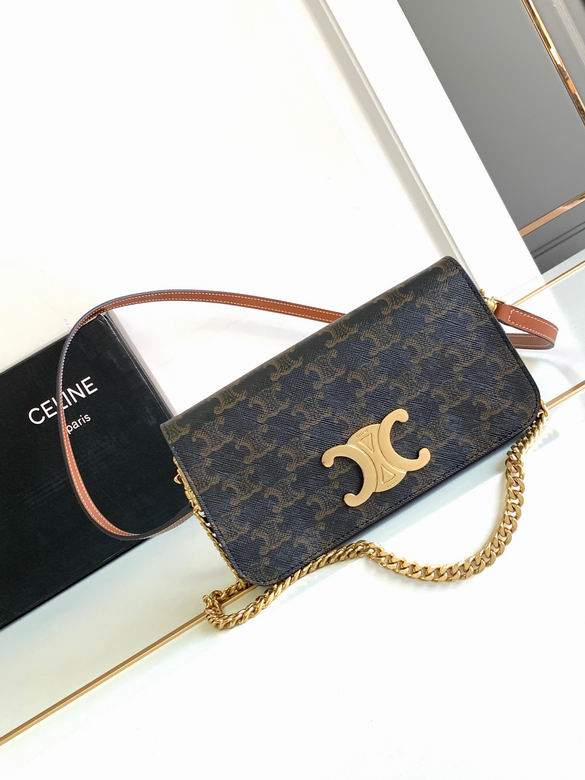 Celine Triomphe Flap Shoulder Bag in Triomphe Canvas with Chain and Leather Strap