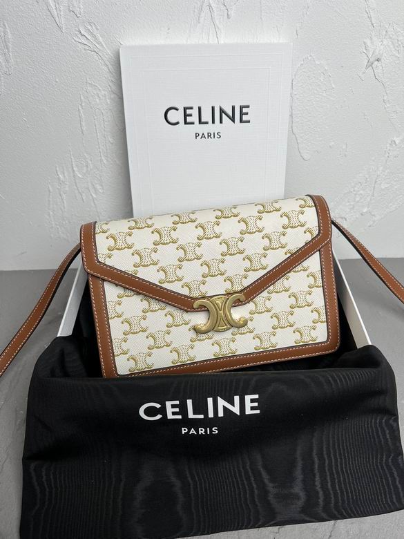Celine Triomphe Envelope Shoulder Bag in White Triomphe Canvas with Tan Trim