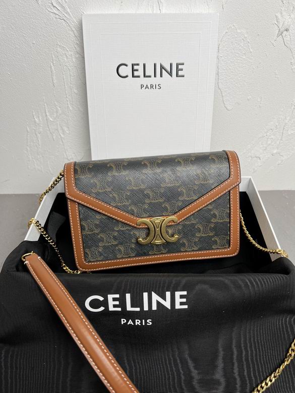 Celine Triomphe Wallet on Chain Crossbody Bag in Triomphe Canvas and Tan Calfskin
