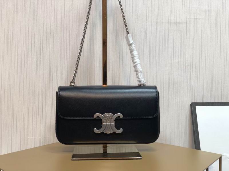 Celine Triomphe Chain Shoulder Bag in Black Smooth Leather with Silver Clasp