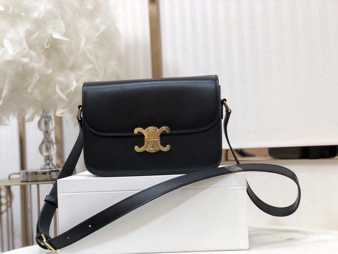 Celine Triomphe Medium Shoulder Bag in Black Smooth Calfskin with Gold Clasp