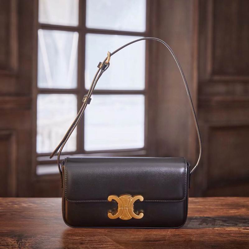 Celine Triomphe Shoulder Bag in Black Smooth Leather with Gold Clasp
