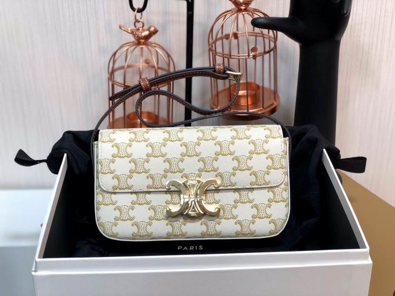 Celine Triomphe Shoulder Bag in White and Tan Triomphe Canvas