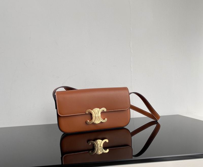 Celine Triomphe Flap Shoulder Bag in Tan Smooth Leather with Gold Clasp