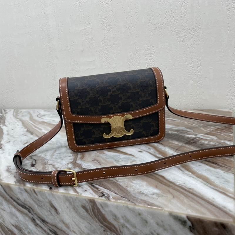 Celine Triomphe Teen Shoulder Bag in Triomphe Canvas with Tan Calfskin