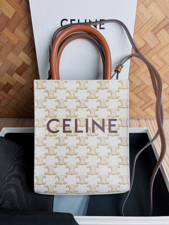 Celine Mini Vertical Cabas Tote in White Triomphe Canvas with Tan Leather