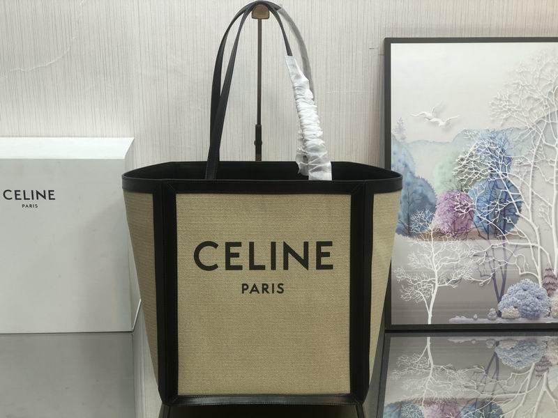 Celine Cabas Vertical Tote Bag in Beige Textile with Black Leather Trim