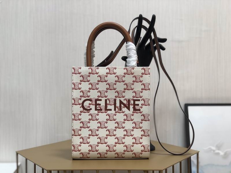 Celine Mini Vertical Cabas Tote in White and Red Triomphe Canvas