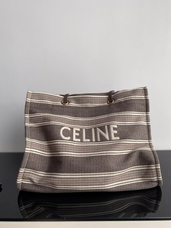 Celine Cabas Tote Bag in Brown and Cream Striped Textile with Logo