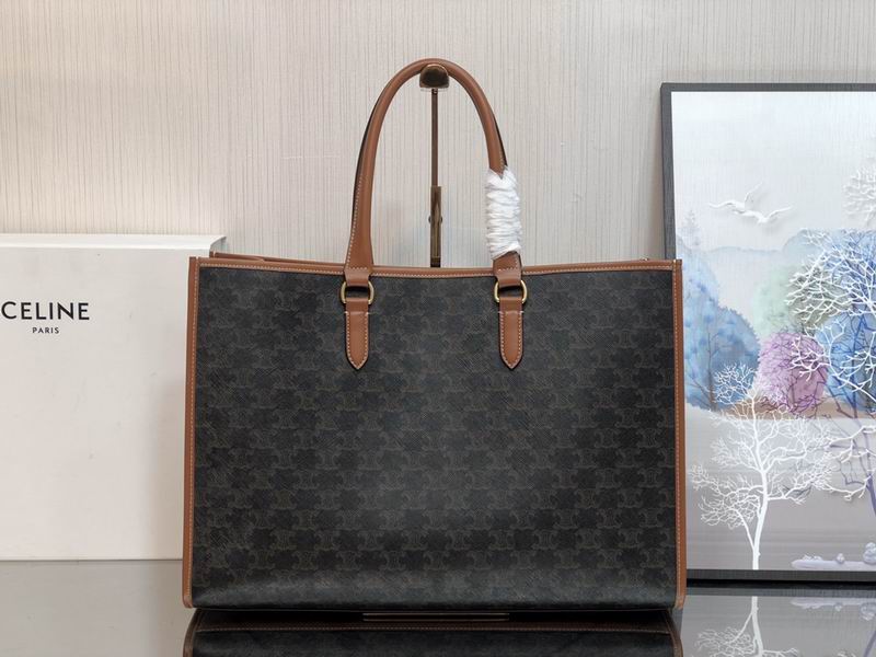 Celine Cabas Triomphe Tote Bag in Black Triomphe Canvas with Tan Leather Trim