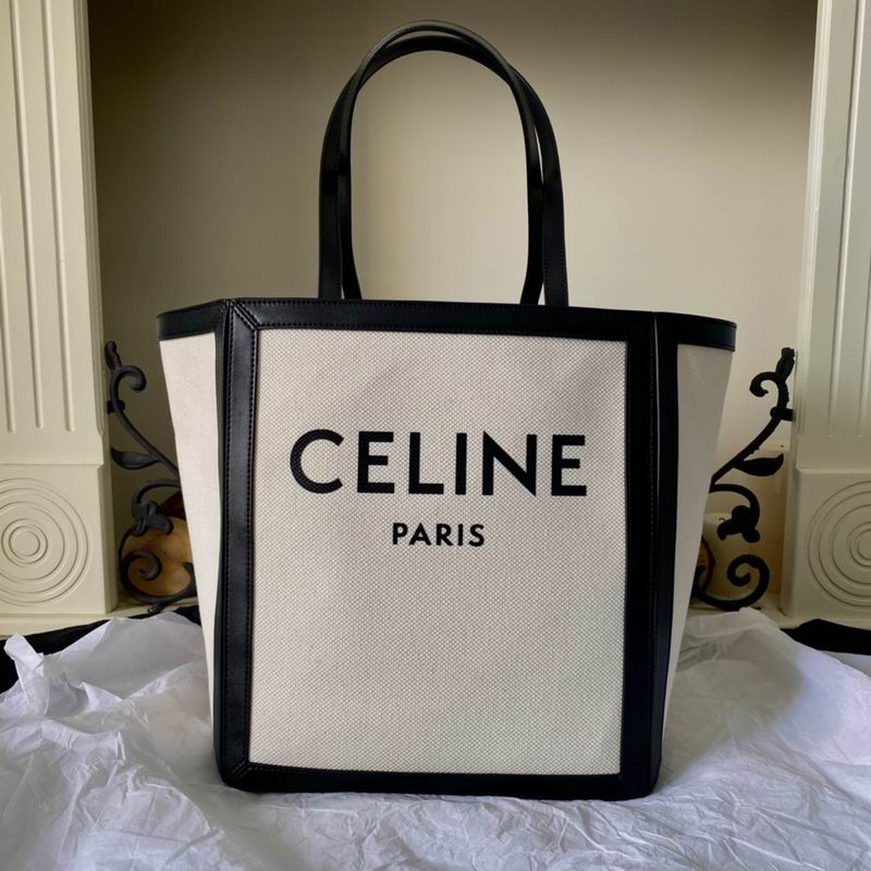 Celine Small Cabas Vertical Tote Bag in Natural Canvas with Black Leather Trim