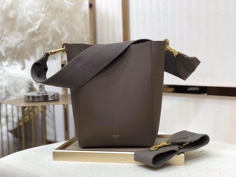 Celine Seau Sangle Small Bucket Bag in Taupe Grained Calfskin with Wide Strap