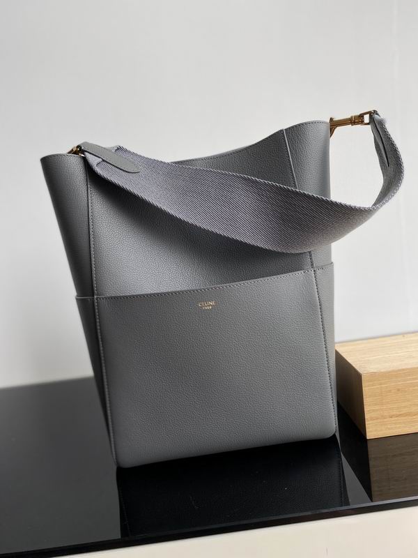 Celine Sangle Seau Bucket Bag in Grey Grained Leather with Woven Strap
