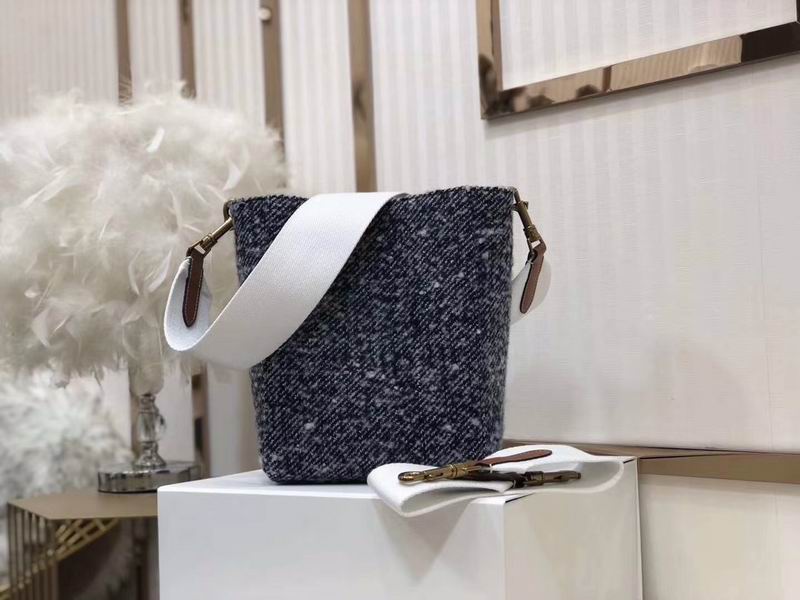 Celine Seau Sangle Small Bucket Bag in Navy Tweed with White Strap