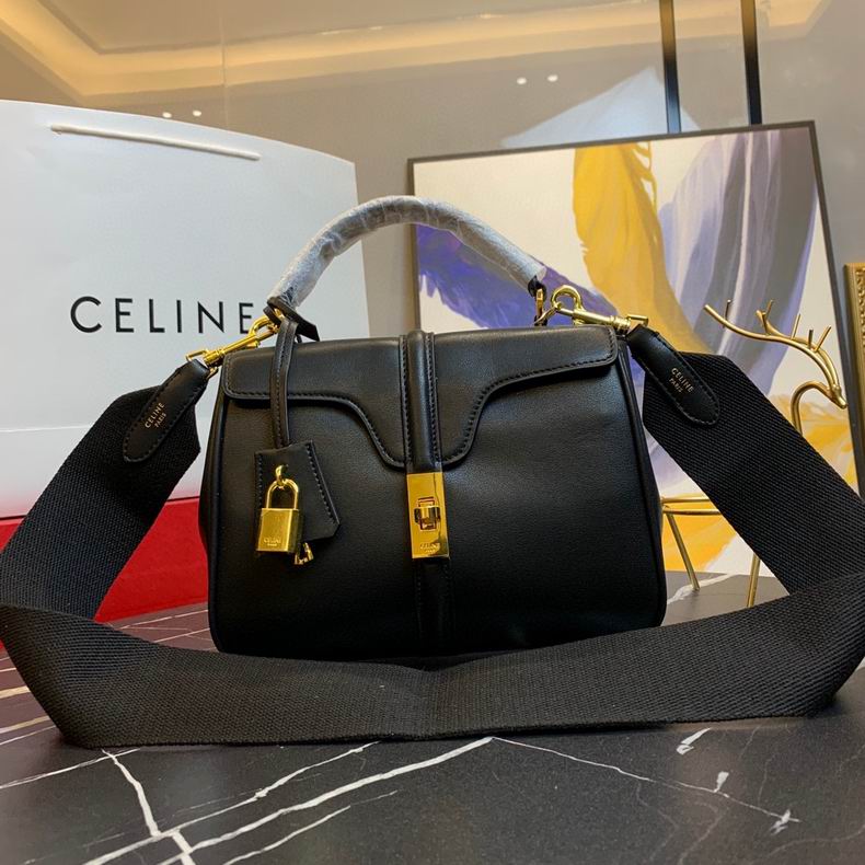 Celine Soft 16 Small Top-Handle Bag in Black Smooth Leather with Wide Strap