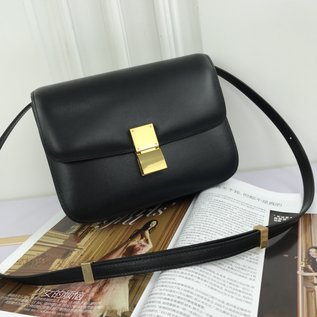 Celine Classic Medium Shoulder Bag in Black Box Calfskin with Gold Clasp