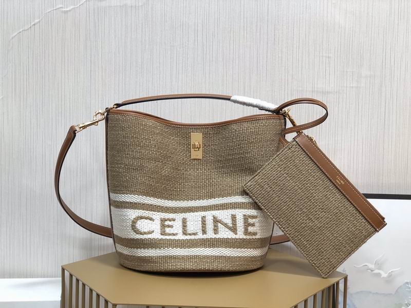 Celine Bucket 16 Bag in Beige Textile with Celine Logo and Tan Leather Trim