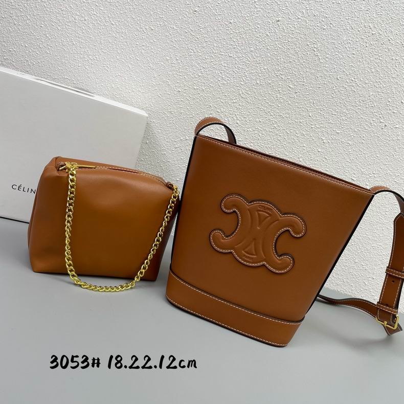 Celine Cuir Triomphe Bucket Bag with Removable Pouch in Tan Smooth Leather