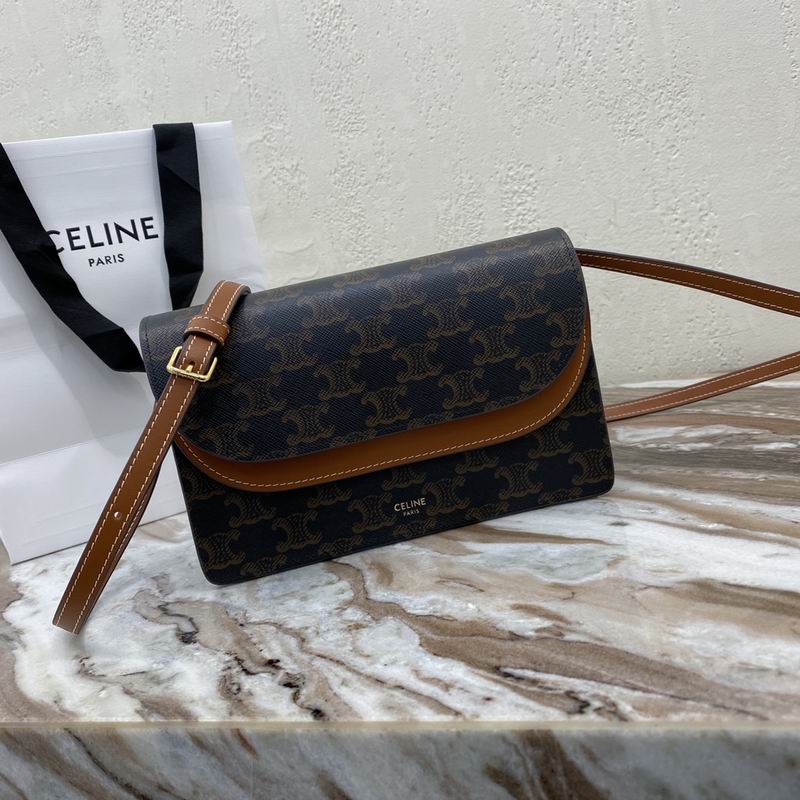 Celine Triomphe Flap Crossbody Bag in Black Triomphe Canvas with Tan Leather