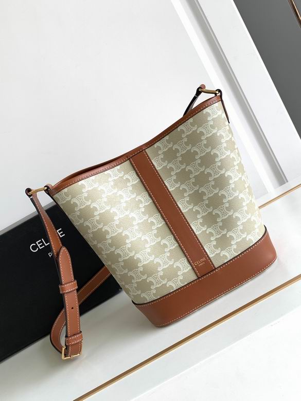 Celine Bucket Crossbody Bag in Beige Triomphe Canvas with Tan Calfskin