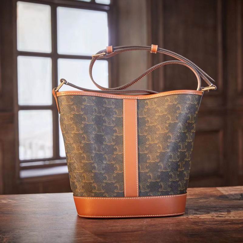 Celine Triomphe Canvas Bucket Bag with Tan Calfskin Trim and Shoulder Strap