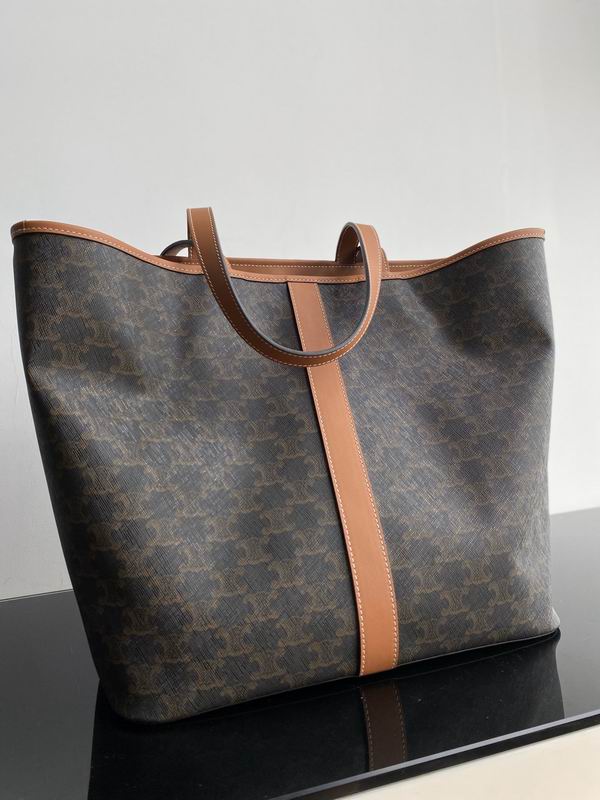 Celine Triomphe Canvas Tote Bag with Tan Leather Trim and Center Strap