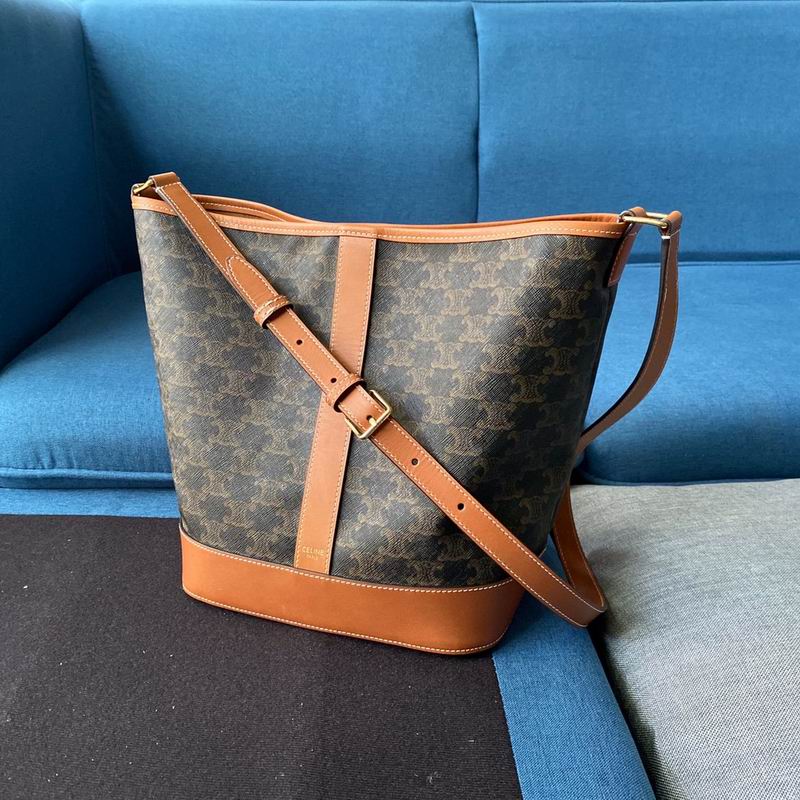 Celine Triomphe Canvas Bucket Bag with Tan Calfskin Trim and Crossbody Strap