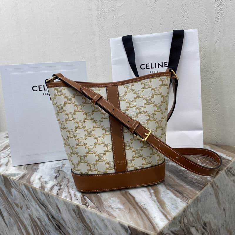 Celine Triomphe Canvas Bucket Bag with Crossbody Strap in Tan