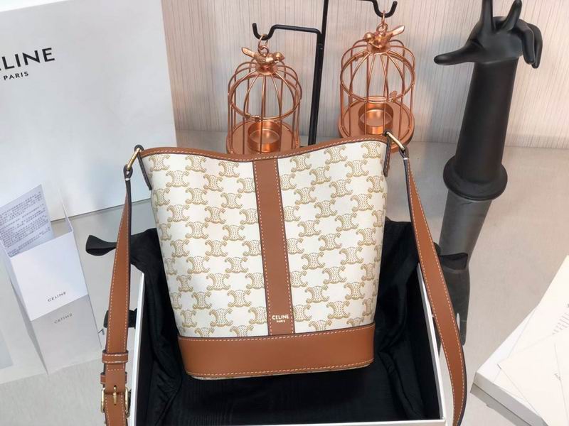 Celine Triomphe Canvas Bucket Bag with Tan Calfskin Trim and Shoulder Strap