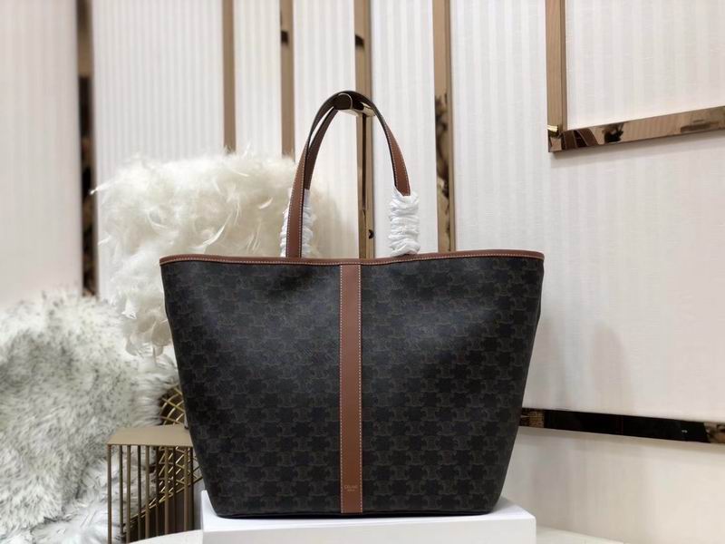 Celine Cabas Triomphe Tote Bag in Dark Brown Triomphe Canvas with Tan Trim