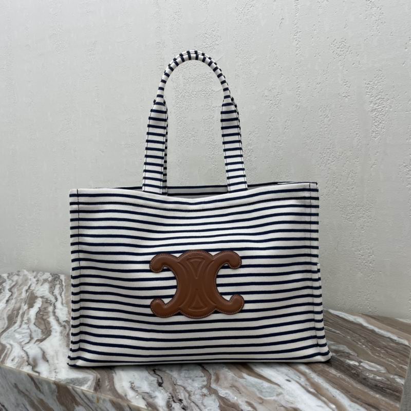 Celine Cabas Triomphe Tote Bag in Navy Striped Textile with Tan Logo