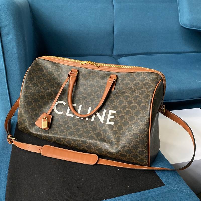 Celine Triomphe Canvas Travel Duffle Bag with Logo Print in Tan