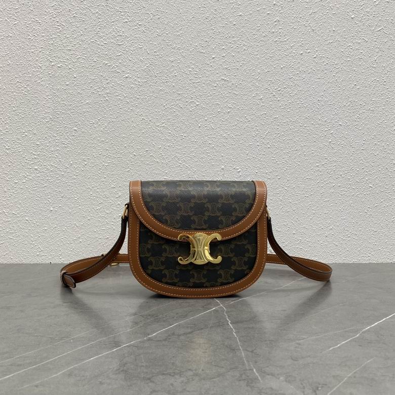 Celine Triomphe Teen Saddle Bag in Triomphe Canvas and Tan Calfskin